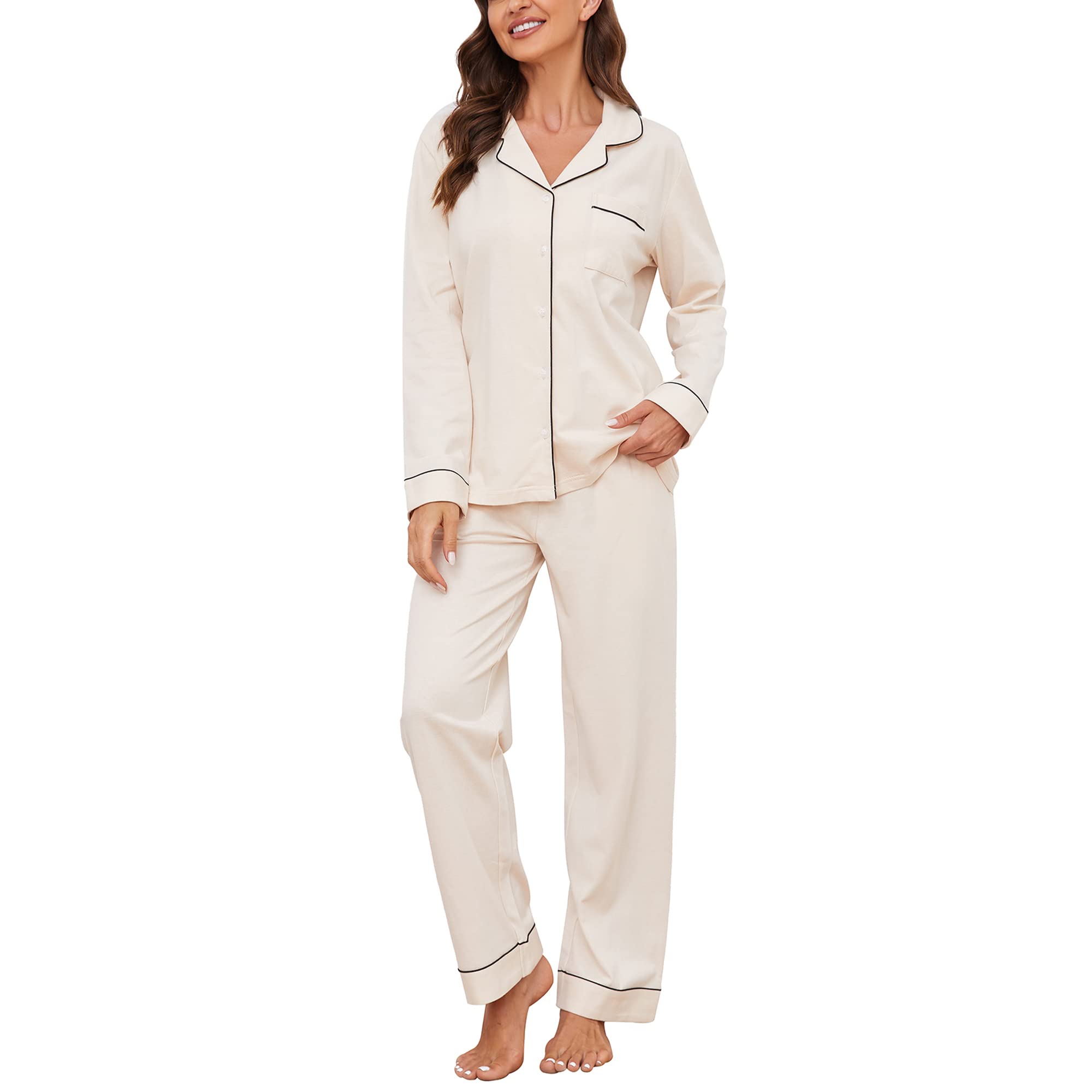 U2SKIIN Schlafanzug Damen lang 100% Baumwolle, Pyjama Damen weiche Pyjamas Set leichte Nachtwäsche Schlafanzüge für Frauen Zweiteiler Pyjama Set