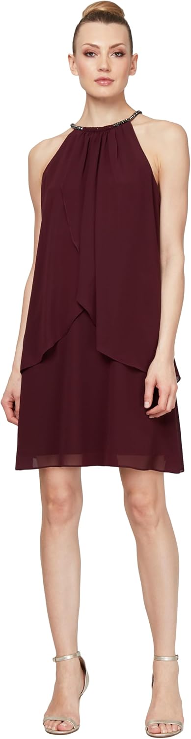 S.L. Fashions Womens Short Beaded Halter Neck Cocktail Gown, Wedding Guest, Party Dress, (Petite and Regular Sizes)