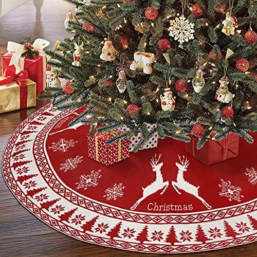 AerWo Christmas Tree Skirt, 48 Inch Large Rustic Christmas Tree Skirt with Snowflake and Reindeer, Red Knit Xmas Tree Skirt Christmas Decorations, for Indoor Holiday Party Christmas Tree Decoration