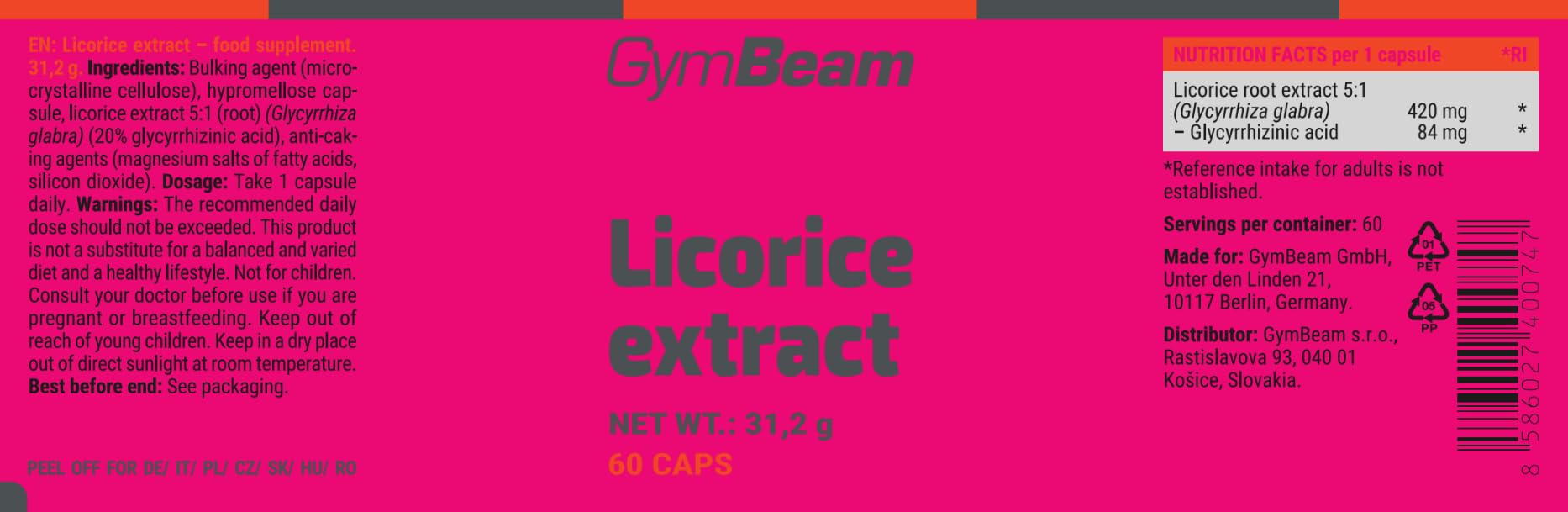 GymBeam Estratto di Liquirizia - Standardizzato 5:1 (84 mg Acido Glicirrizico per Dose) per Digestione, Sistema Immunitario e Benessere Mentale, Vegano, 60 cps