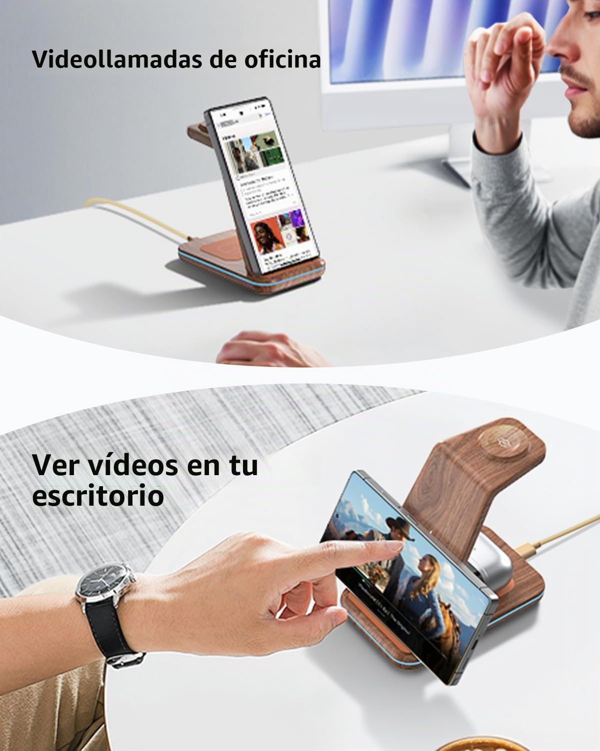 JoyGeek Cargador Inalámbrico para Samsung, Estacion de Carga 3 en 1 para Samsung S25/S24/S23/S22/ZFlip/Fold, Base Carga para Galaxy Watch Ultra/8/7/6/5/4/3, Carregador sem fios para Galaxy Buds-Bambú