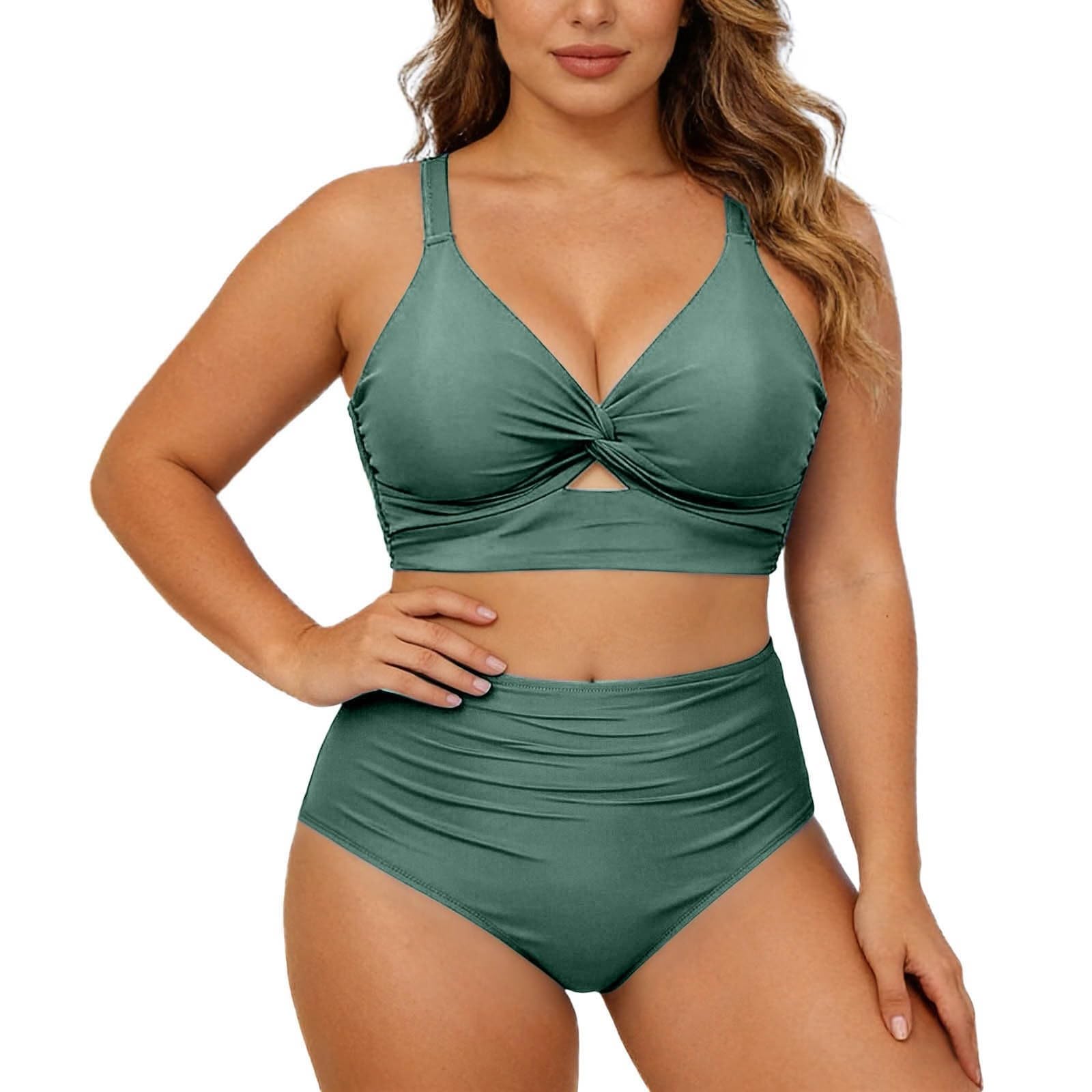 Bikini de dos piezas de talla grande con braguitas de corte alto con aros en la parte superior, azul, L