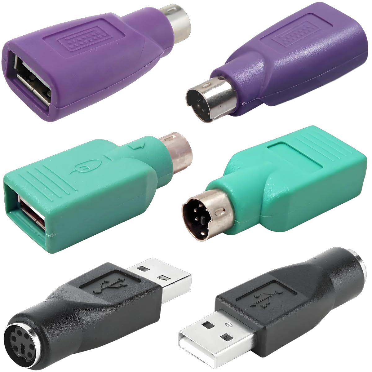 Adaptateurs PS2 vers USB Remplacement pour Souris et Clavier, Lot de 2 Convertisseurs PS2 Femelle vers USB A Mâle (Vert, Violet, Noir)
