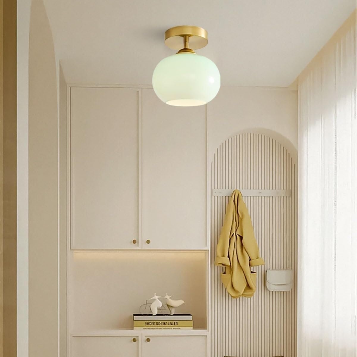 Kremowy Szklany Kula Lampy Sufitowa Pół Wpuszczana, Plafon Mały Styl Mid Century Vintage Wiejski do Korytarz Wejście Balkon Oświetlenie Sufitowe(Green)