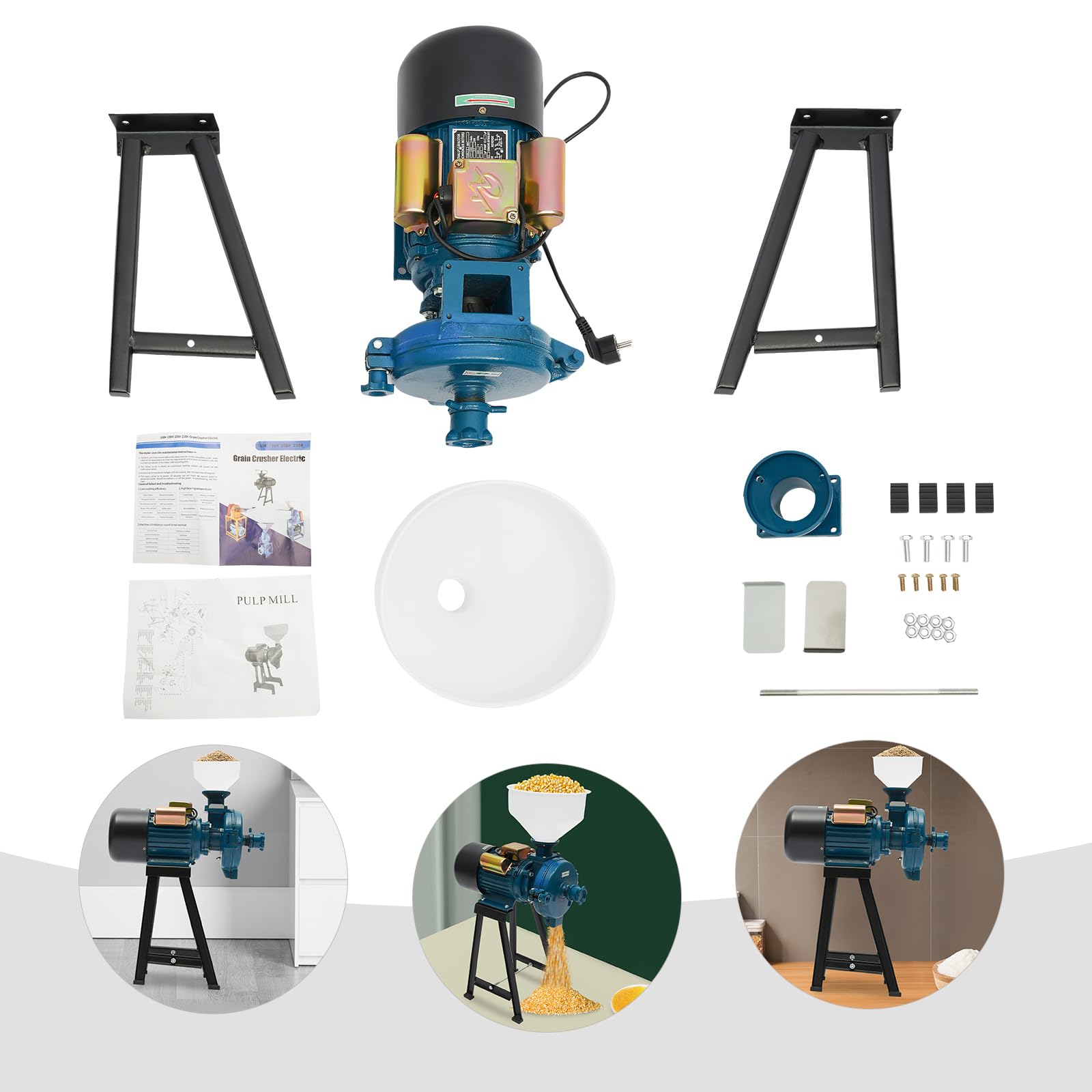 Elektrische Getreidemühle, 2200W Kornmühle mit Trichter, 1400 U/min Elektrischemühle Getreidemühle Maschine, für Getreide Mais Stroh Futter Schrotmühle