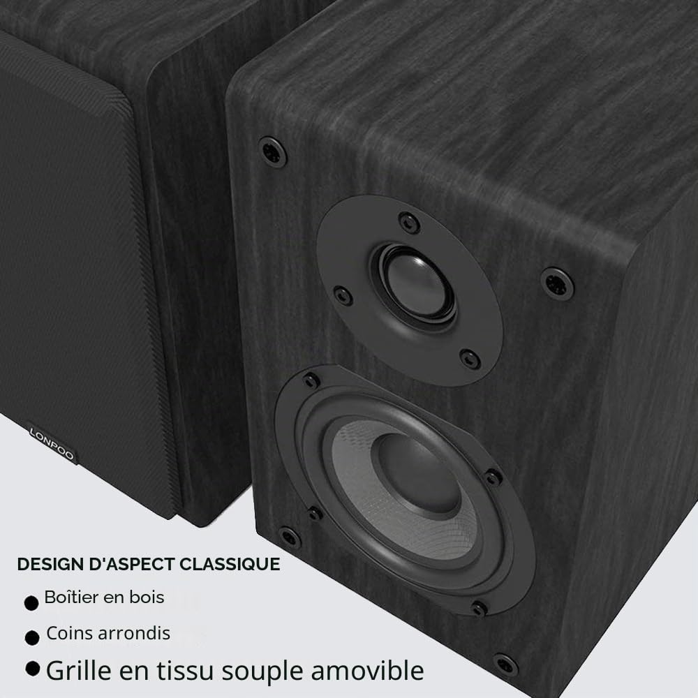 LONPOO LP42 Paire Enceintes bibliotheques HiFi (75W RMS, Enceintes étagère Passive, Subwoofer en Fibre de Carbone de 4" et Tweeter en dôme Silk, 4-8ohms)