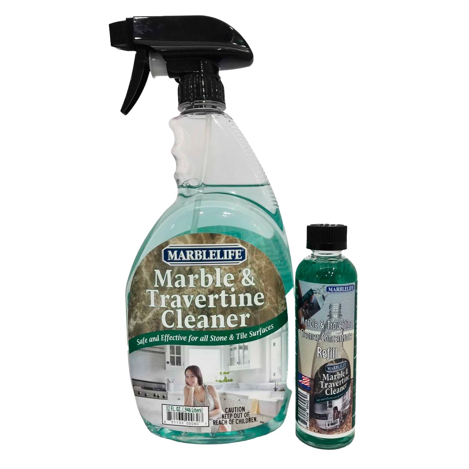 Marblelife Marble & Travertine Cleaner Kit, Ready-to-Use 32 oz Spray Cleaner + 4 oz Concentrate Refill, Powerful Stone Safe Marble Cleaner & Degreaser