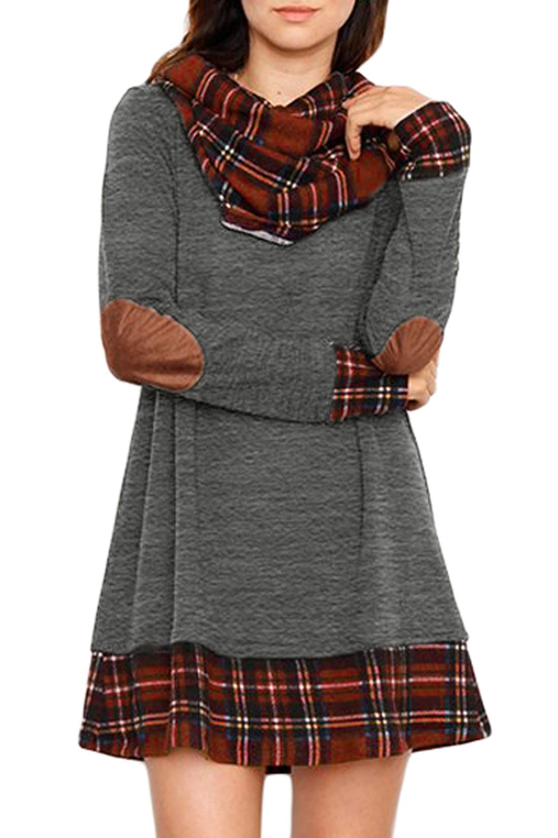 ANCAPELION Damen Langarm Minikleid Kariertes Kleid Rollkragen Strickkleid A-Linie Sweater Herbstkleid Lose Kleider Pullover Kleid für Winter Herbst
