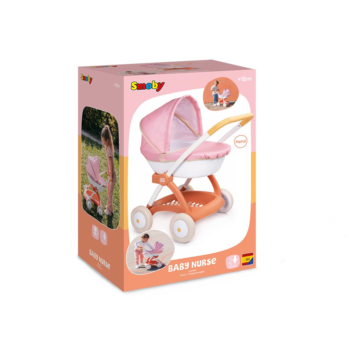 Smoby - Baby Nurse - Carrozzina - Per neonati e bambole fino a 42 cm - Capottina retrattile - Cestello portaoggetti - Dai 18 mesi - Prodotto in Spagna
