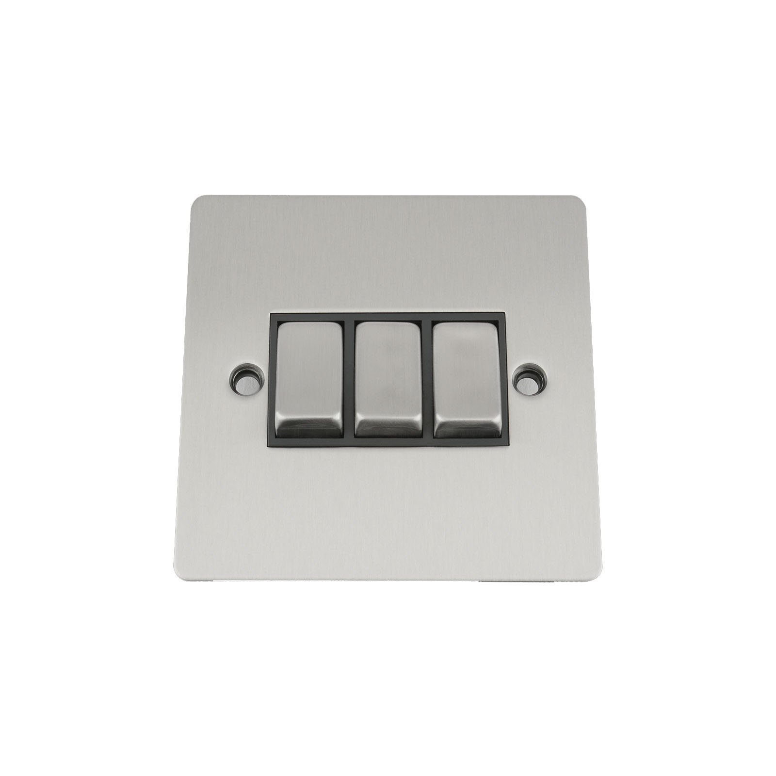 Light Switch Triple 3 Gang - Satin Matt Chrome Flat - Black Insert - Metal Rocker Switch - 10 Amp 3 Gang 2 Way