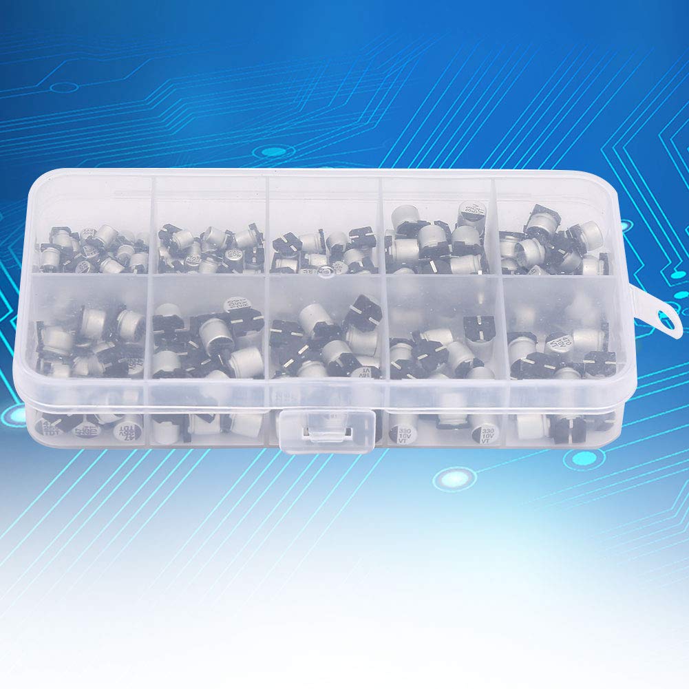 Kit de 200 condensadores electrolíticos SMD, 10 valores de 1 uF a 470 uF, de 10 V a 50 V, diversos condensadores electrolíticos de aluminio con caja de almacenamiento para