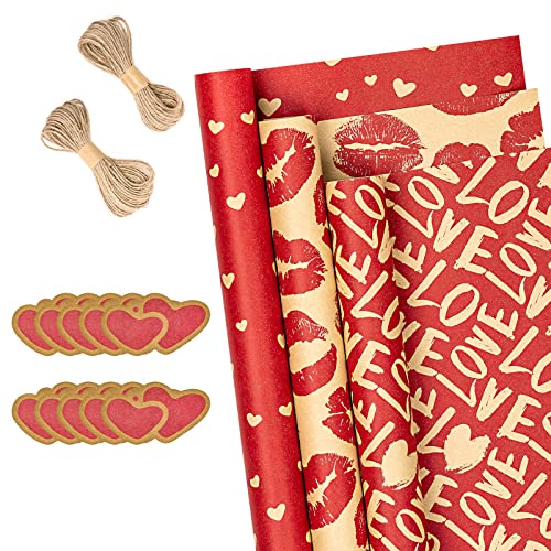RUSPEPA Rouleaux De Papier D'Emballage Avec Étiquettes, Ficelle De Jute - 43 cm X 3 Mètres Par Rouleau, Total De 3 Rouleaux, Saint Valentin Cover