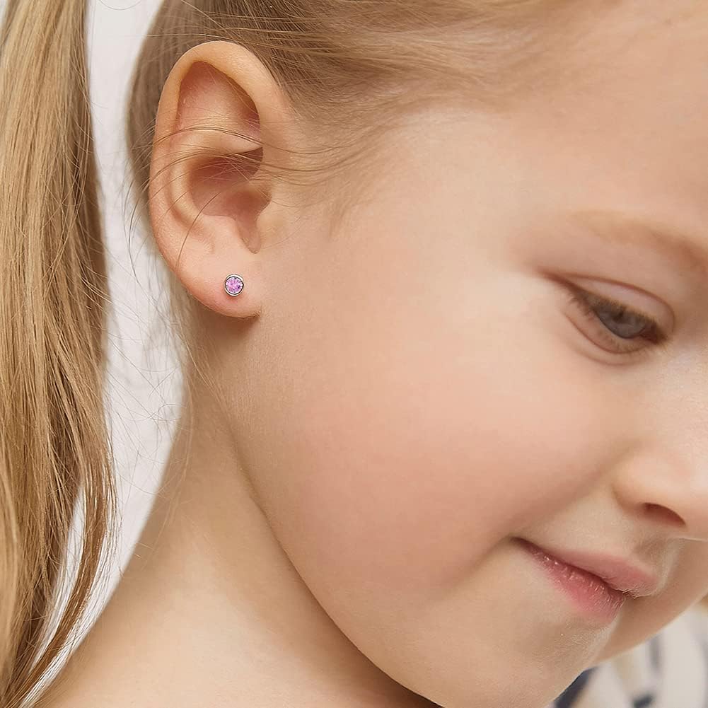 925 Sterling Silver 4mm Bezel Cubic Zirconia Toddler Girls Safety Screw Back Earrings - Locking Back Stud Earrings for Babies to Children - Lightweight and Hypoallergenic Safe for Kids