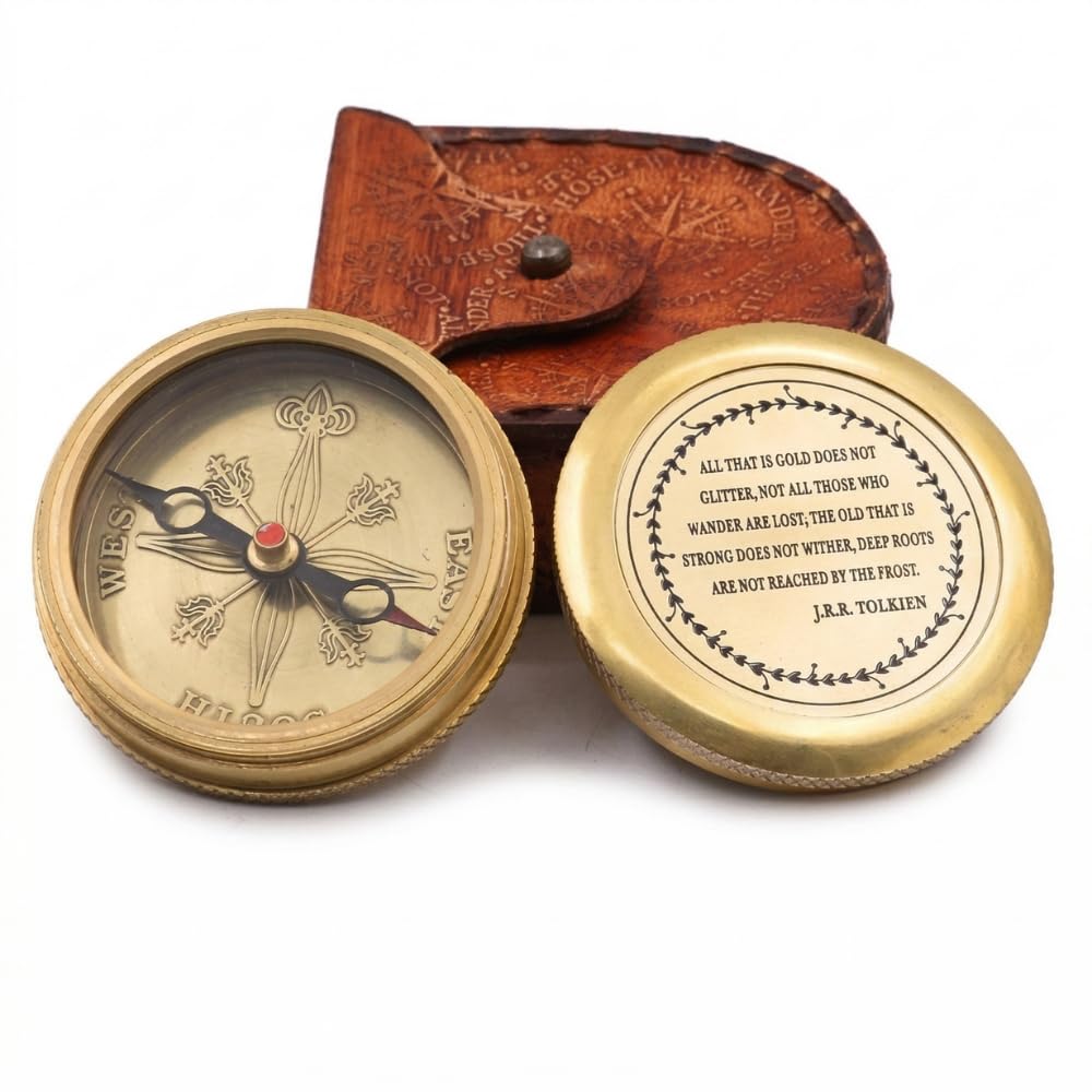 Solid Brass Gift Compass with Leather Case – Engraved Tolkien Quote “Not All Those Who Wander are Lost” – Vintage Gift for Travelers, Readers, Adventure Lovers, Graduation, Birthday, Retirement — image 1