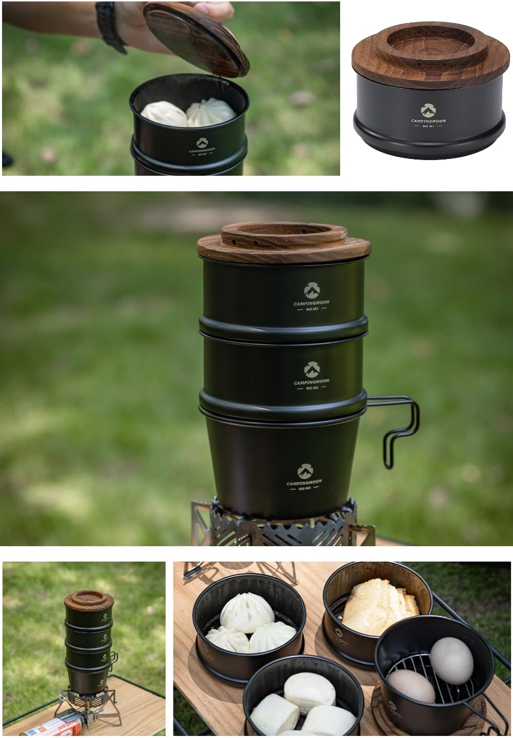 camping moon Mini Steamer φ4.7-Inch for Sierra Cup 304 Stainless Steel with Wood Lid Black BKS362-MG