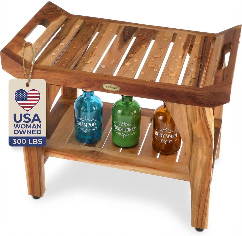 24 Inch Tranquility Natural Color Waterproof Teak Wood Shower Bench Stool Seat Chair For Inside Shower Storage Shelf Provides Safety, Storage, and Organization For Bathroom Accessories