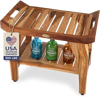 EcoDecors 24 Inch Tranquility Natural Color Waterproof Teak Wood Shower Bench Stool Seat Chair For Inside Shower Storage Shelf Provides Safety, Storage, and Organization For Bathroom Accessories