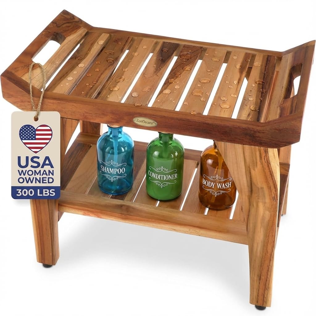 24 Inch Tranquility Natural Color Waterproof Teak Wood Shower Bench Stool Seat Chair For Inside Shower Storage Shelf Provides Safety, Storage, and Organization For Bathroom Accessories
