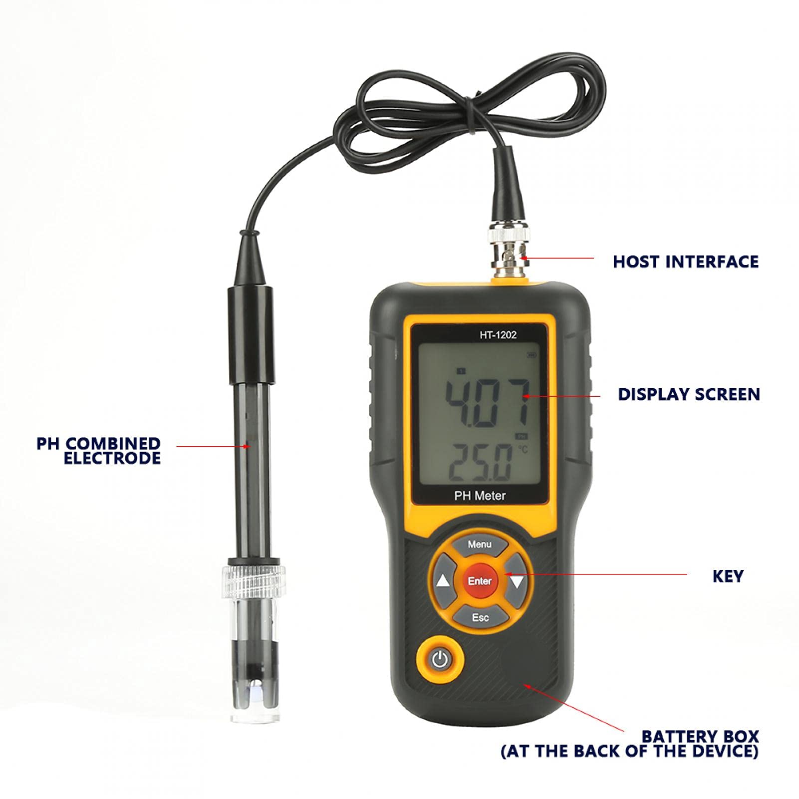 Digitales PH-Messgerät HT-1202 0, 05 pH Hochpräziser Wasserqualitätstester, PH mV-Testertemperaturmesser 0~14 PH mit schwarzem Gehäuse für Wasserquellen, Schulen, Labors, Apotheken