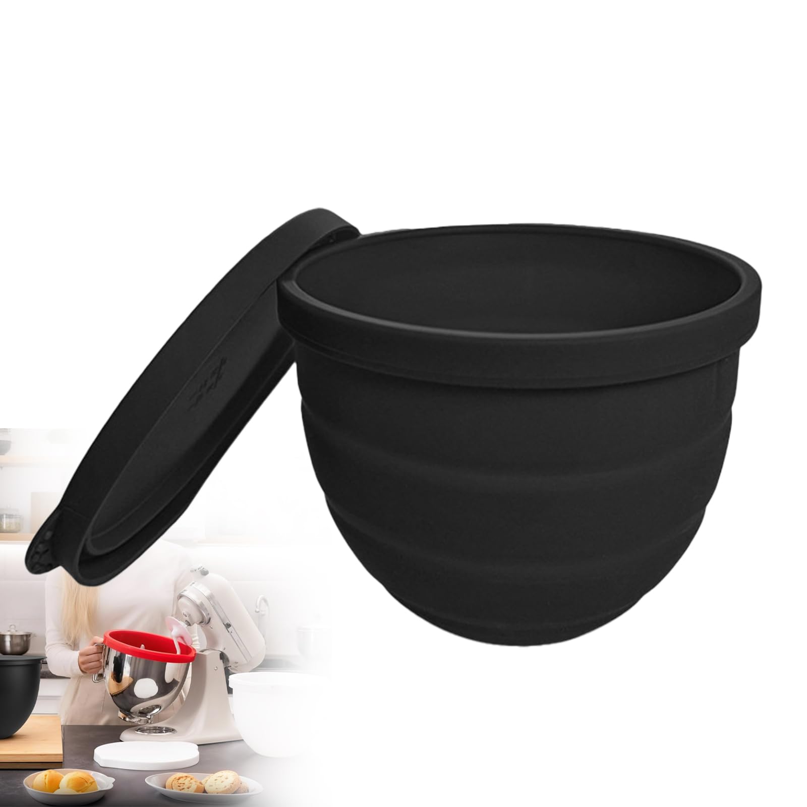 Silicone Liners for KitchenAid 5 Qt Tilt-Head Stand Mixer, Odourless,Thicker, Cold/Heat-Resistant &amp; Non-Stick, Easy Clean, Fits 5 Quart Mixing Bowl, with Lids (1, Black)