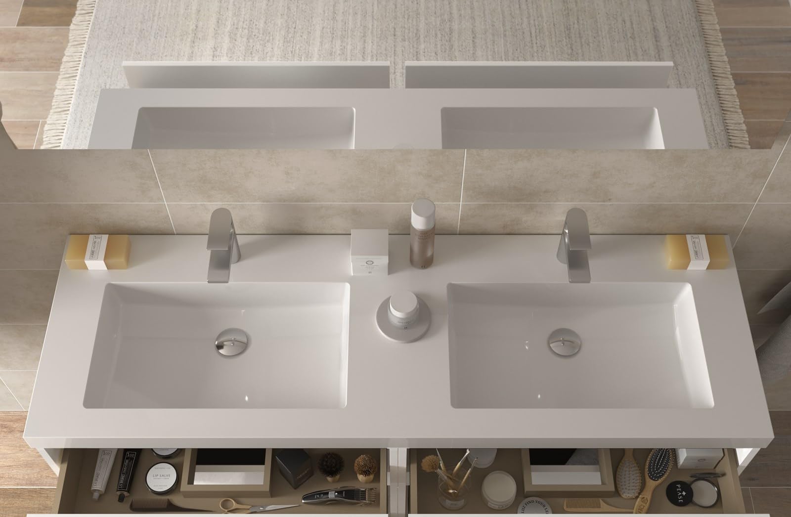 Mueble de baño Bequia 140 cm con Lavabo 100% montado de fábrica | Acabado Roble suspendido 4 cajones Cierre amortiguado Apertura con uñero | Lavabo 2 pozas Porcelana Blanca | Marca Salgar