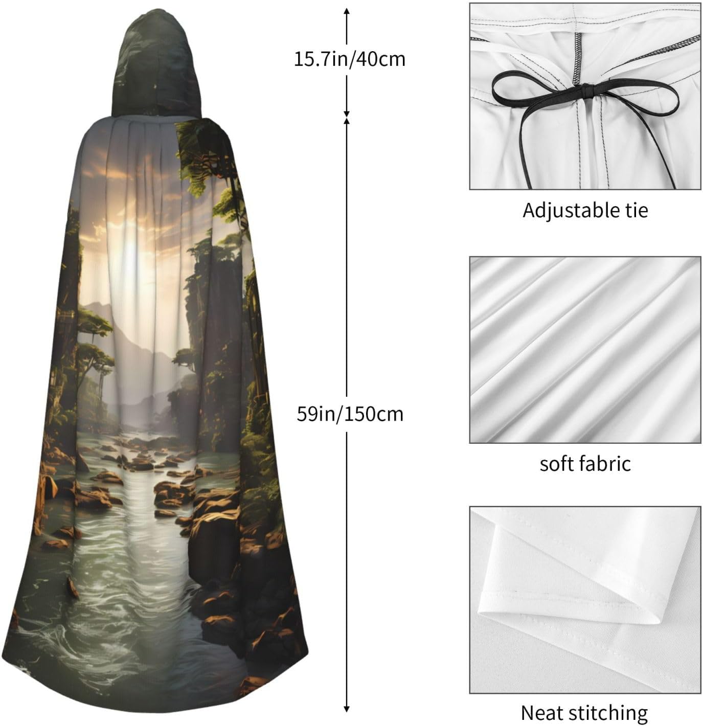 Unisex Full Length Hooded Halloween Christmas Party Robe Cloak Cape Cosplay Costume Men Women Mountains and Rivers Prints Black