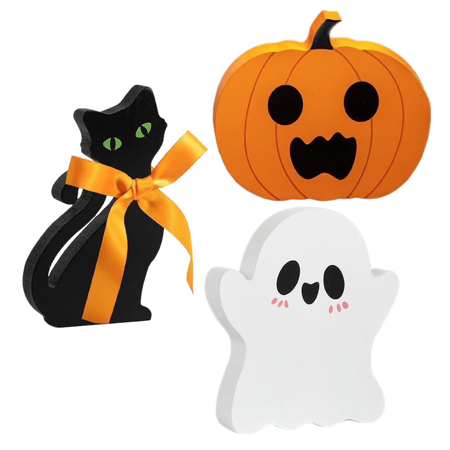 Bemonew 3PCS/Set Halloween Tiered Tray Decor Cute Black Cat, Ghost and Pumpkin Decorations Wooden Halloween Decor for Home Mantle Fireplace Shelf