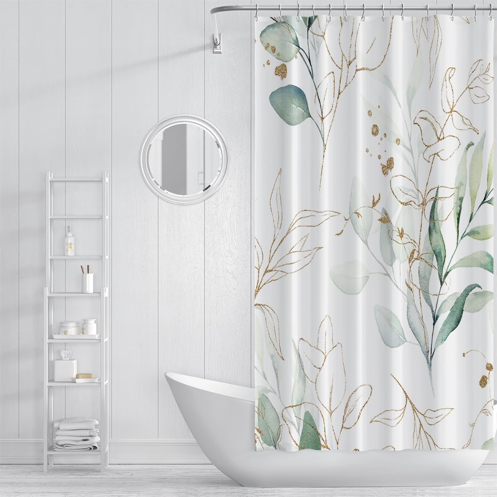 Duschvorhang 200x200 mit Grünen Eukalyptusblättern, Aquarell Badezimmervorhang mit Goldenen Blättern und Blumenmuster, Wasserdichter Polyesterstoff für Badewannen/Badezimmer mit Haken, B200 x H20