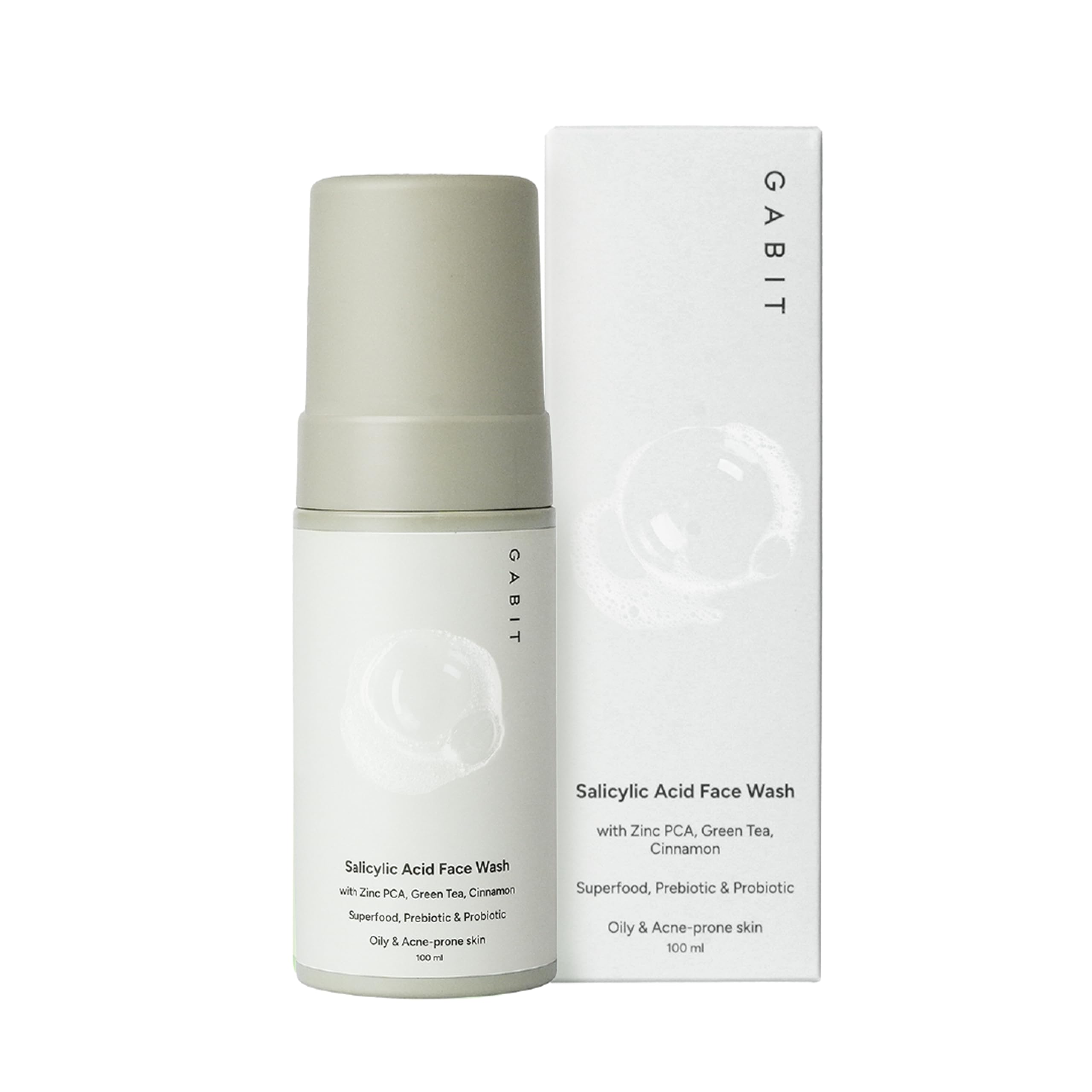 Gabit Salicylic Acid Face Wash for Oily, Acne Prone Skin | 1% Salicylic, Deeply Cleanse Pores, Exfoliates & Non-drying | Green Tea, Vit B5, Zinc PCA | For Men & Women | Free of Sulphates, Soap, 100 ml