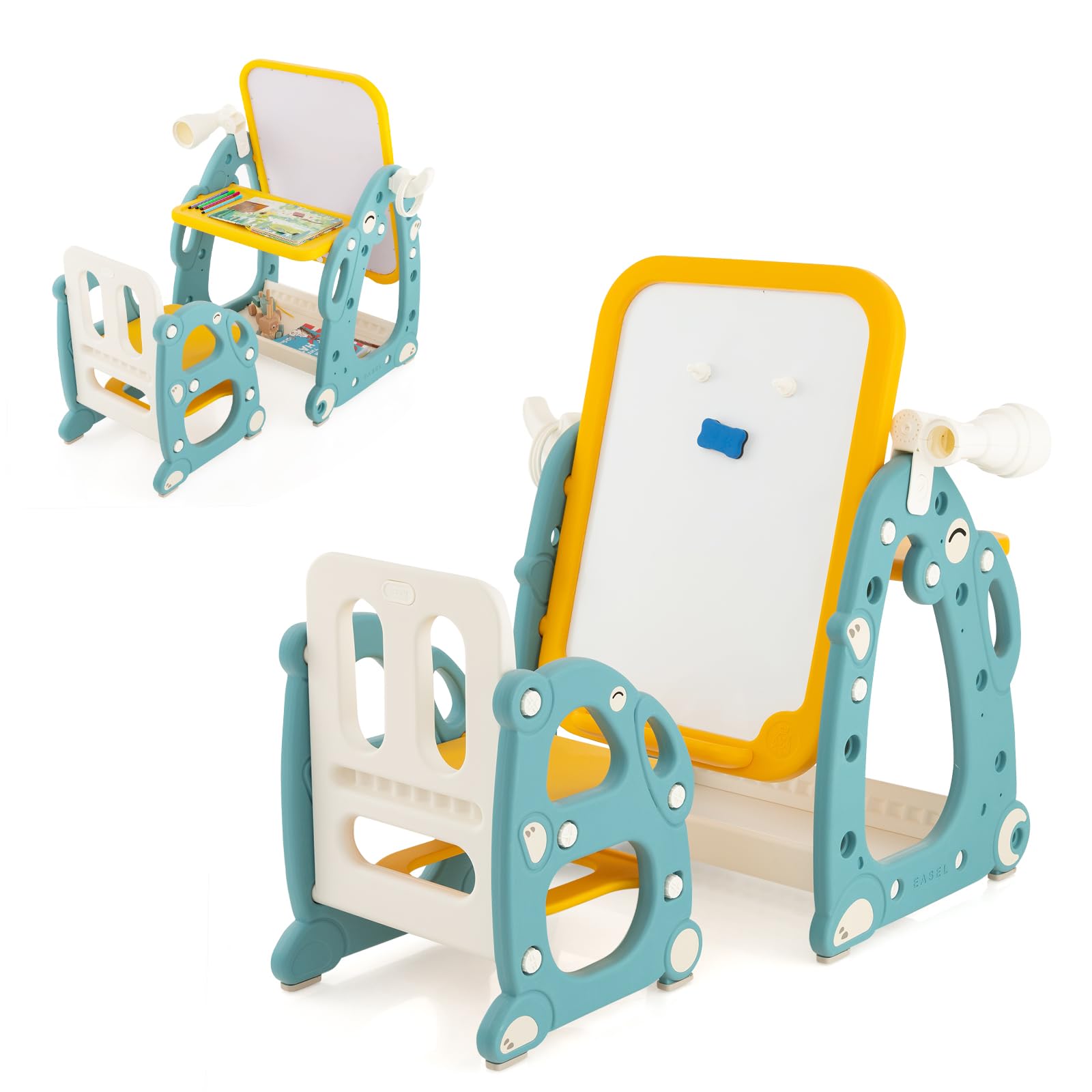 GYMAX Tavolozza Artistica 4 in 1 per Bambini con Sedia, Set Tavolo e Sedia per Disegno per Bambini con Lavagna Magnetica Regolabile, Lavagna Cancellabile e Pennarelli, per Bambini da 1 a 8 Anni