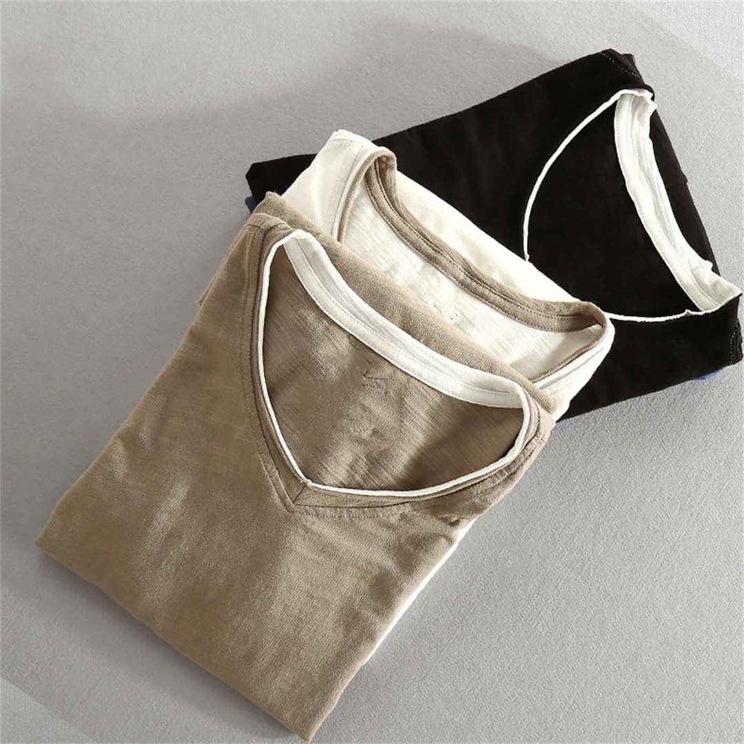 Maglietta da uomo in stile vintage con scollo a V, a maniche lunghe, look a strati, leggera, traspirante, traspirante