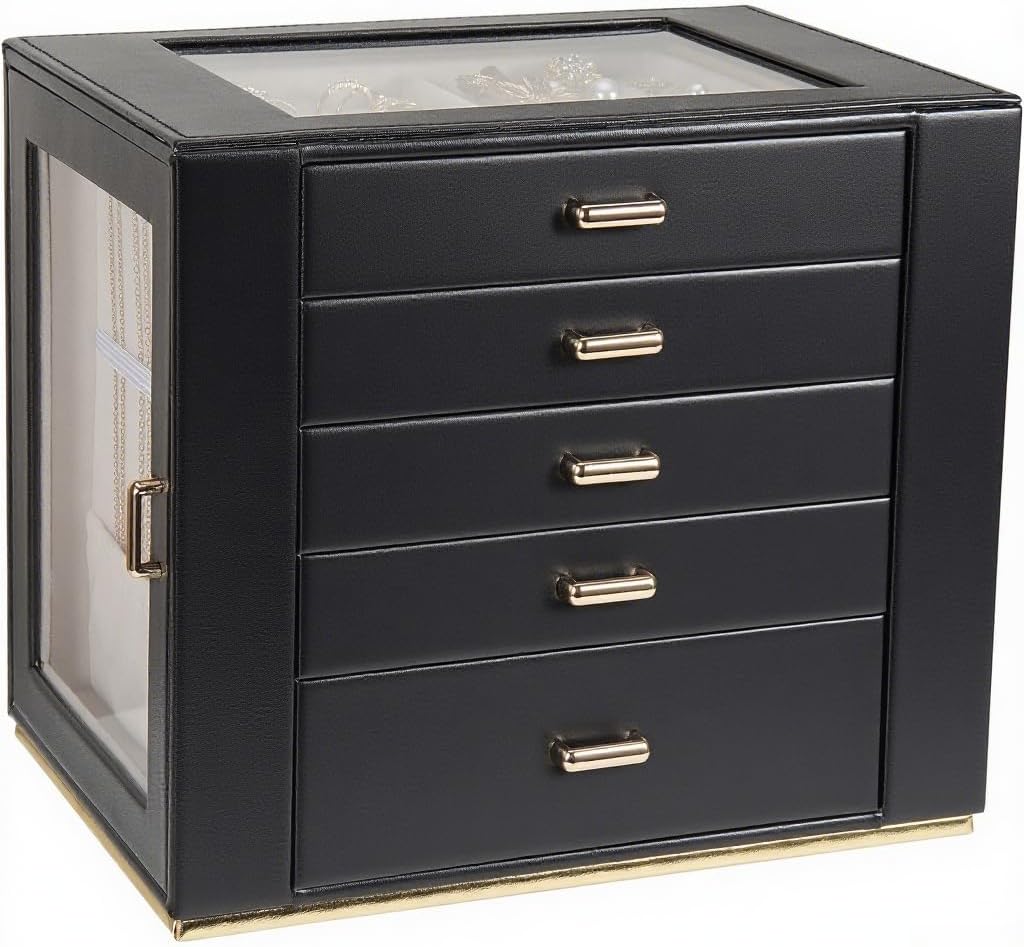 Large Jewelry Box Organizer with Glass Lid, Functional PU Leather 5-Layer Jewelry Storage Case for Women Girls Ring Necklace Earring Bracelet Jewelry Holder Organizer 5 Drawers (Black)