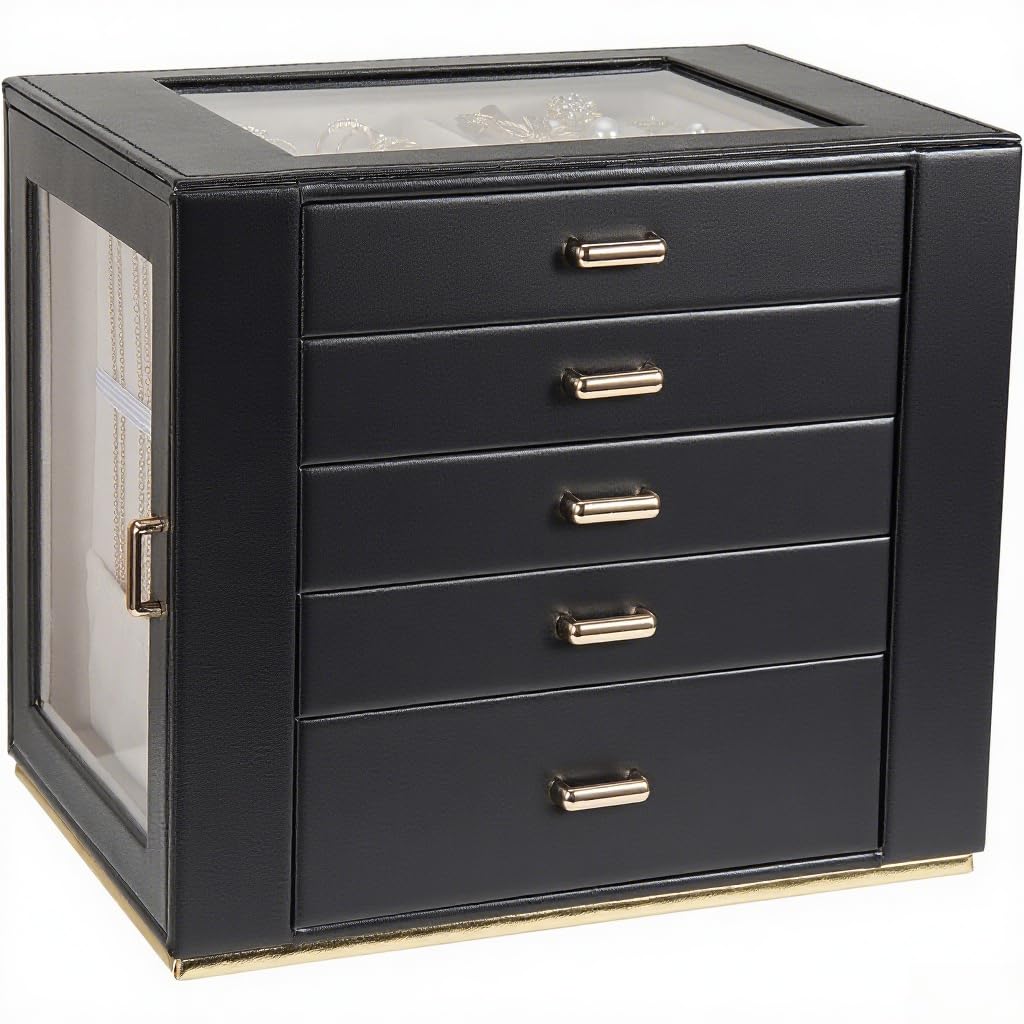 Large Jewelry Box Organizer with Glass Lid Functional PU Leather 5-Layer Jewelry Storage Case for Women Girls Ring