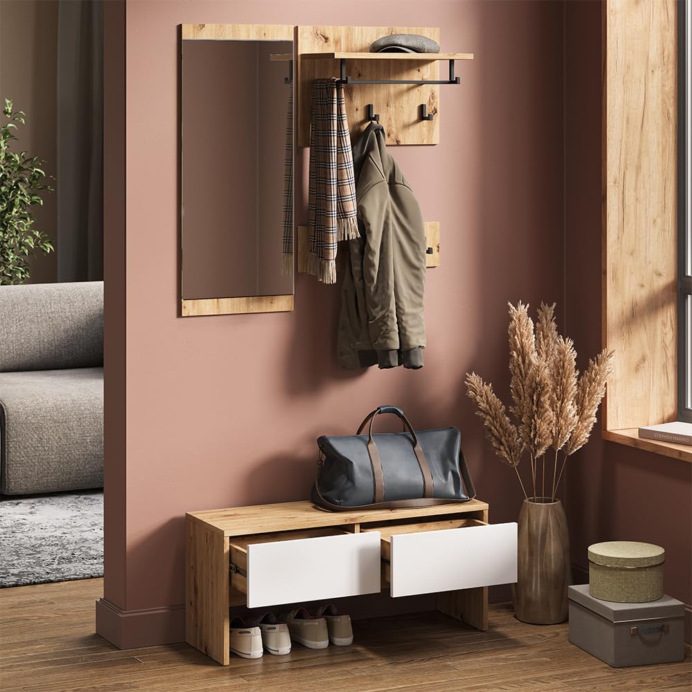 Vicco Armadio da ingresso Selena, Bianco/Artisan, 90 x 40 cm 4 parti, per montaggio a parete per un'organizzazione salvaspazio nell'ingresso