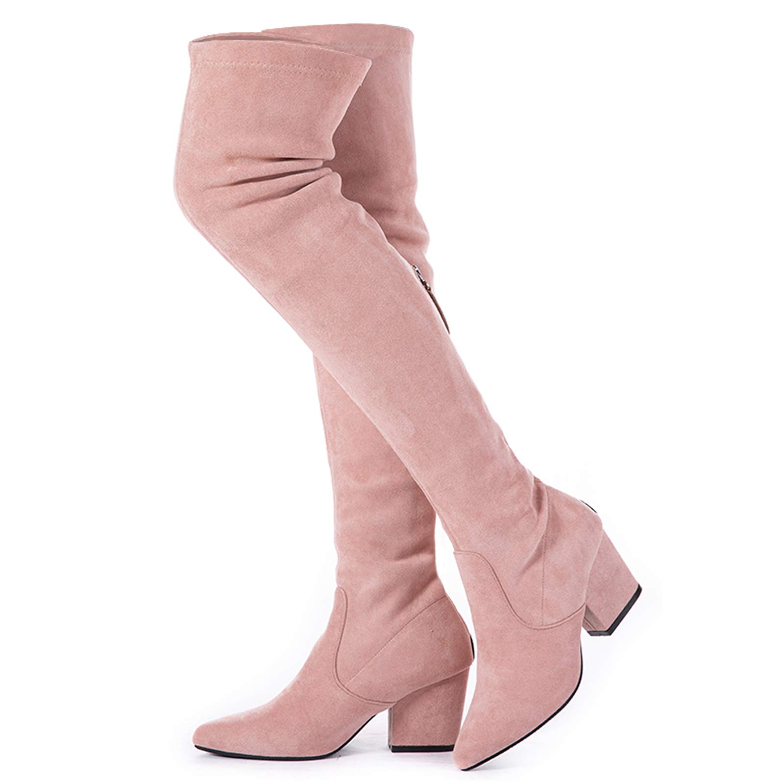 Mtzyoa Thigh High Block Heel Boot Women Pointed Toe Stretch Over The Knee Boots