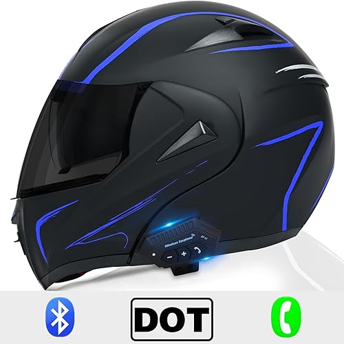 Miniatura 2 de Casco modular Bluetooth para motocicleta, aprobado por DOT, doble visera, abatible, de cara completa, con Bluetooth, casco de motocicleta integrado