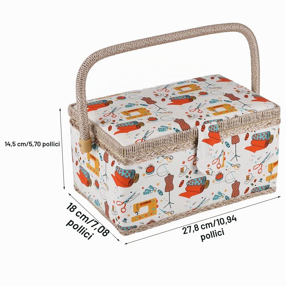 Cestino da Cucito in Tessuto, Scatola da Cucito Media, Scatola Portaoggetti Artigianale Motivo Floreale con Manico in Legno per la Casa e per i Viaggi, 27,8 x 18 x 14,5 cm