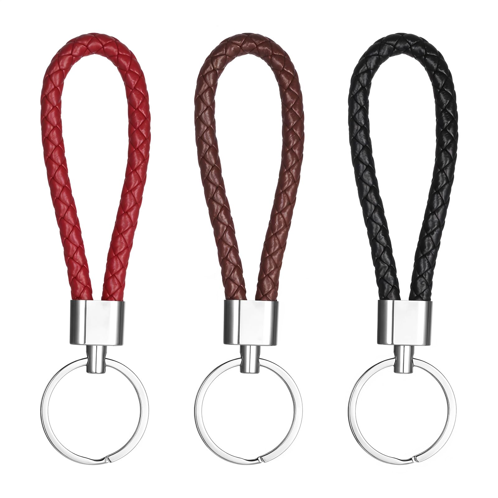 3 Pcs Handwoven Leather Braided Keychain With Woven Strap and Rope - Key Ring for Car Keys for Men and Women (Black, Red, Brown)