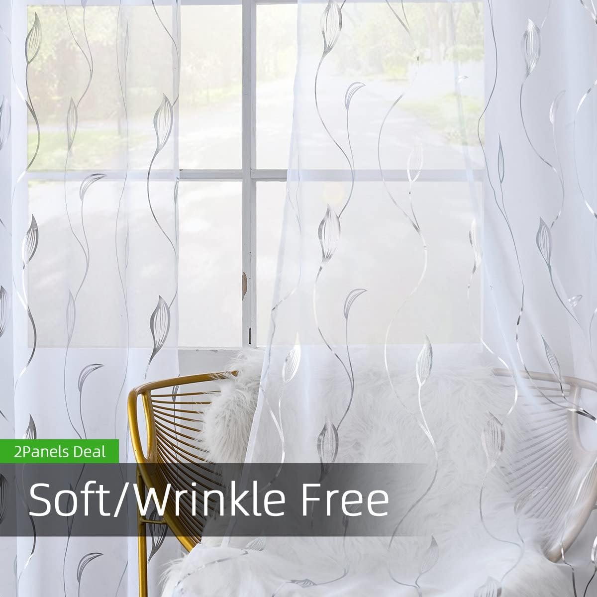 youleyar Silver Foil Print Voile Sheer Curtains,Wicker Grommet Top Window Drapes 84 Inches Long, Luxury Metallic Bronzing Treatment Panels for Home Window Decoration, 2 Panels