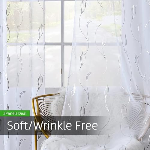 Miniatura 3 de youleyar Cortinas transparentes de gasa con estampado de lámina plateada, cortinas de mimbre con ojales en la parte superior de 84 pulgadas de
