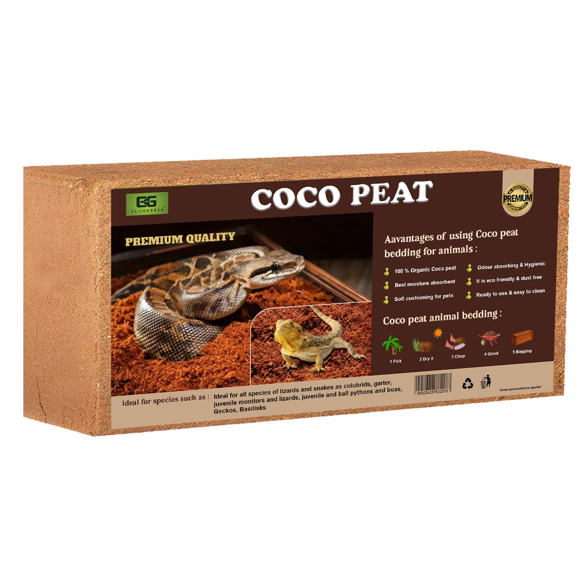 Elamgreen Coco peat Block for Animal Bedding pet Products | Dogs, Cats Reptiles Snakes Chicken Birds (650 gram)