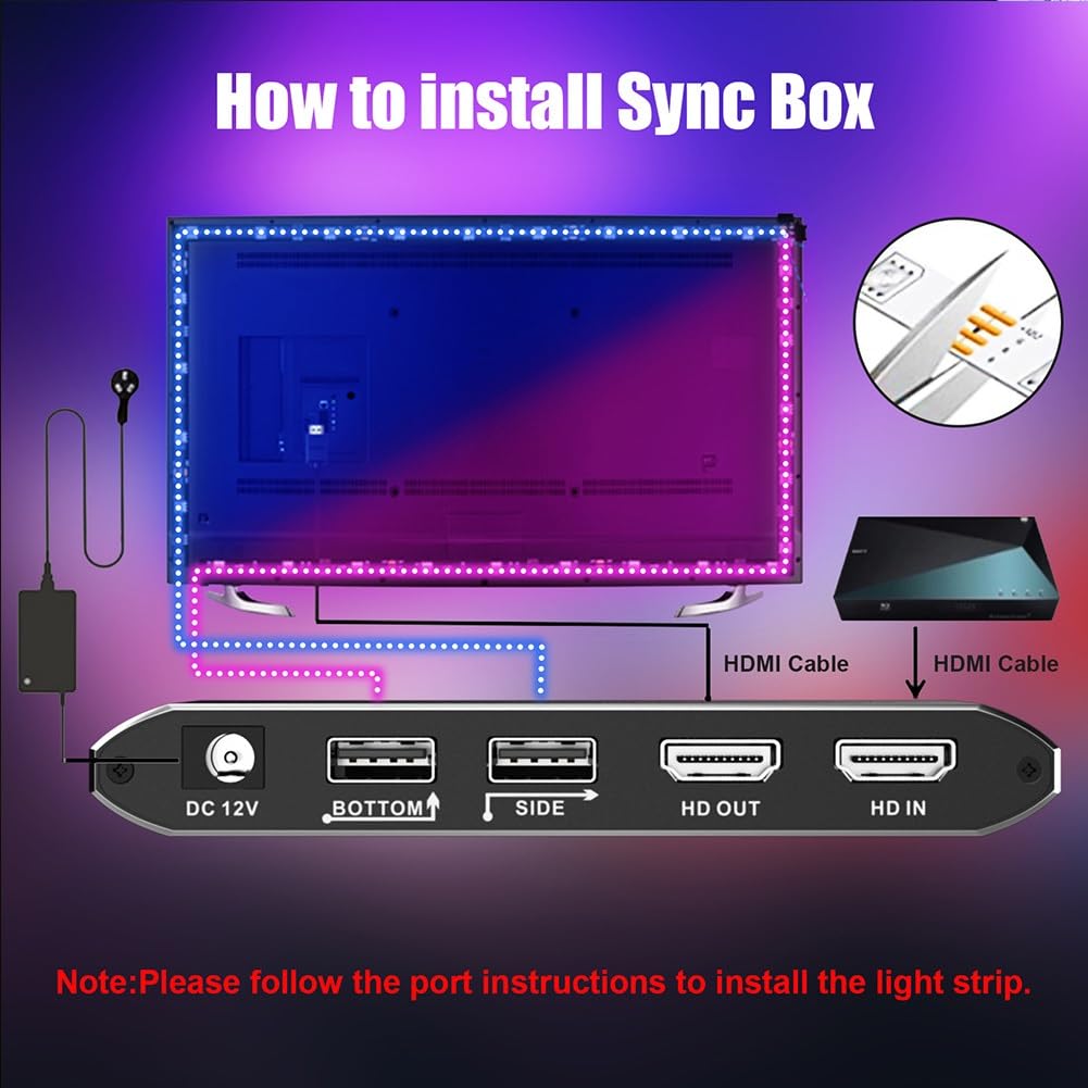 Luce di sincronizzazione schermo TV, luce ambientale intelligente, striscia LED al neon di sfondo, retroilluminazione LED Smart TV for TV da 50-85 pollici, luci con telecomando(2.3m*3(65~85IN))