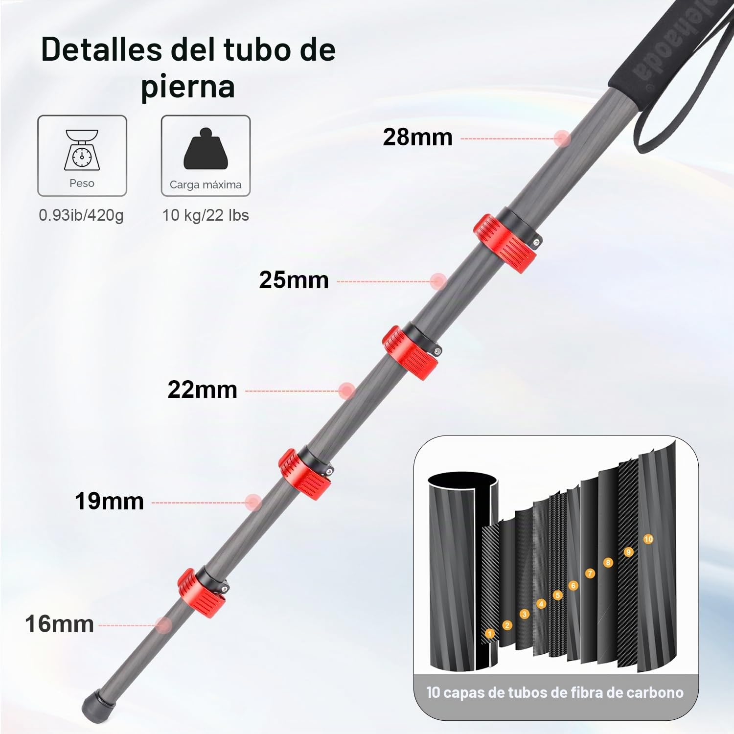 Koolehaoda Monopie de Fibra de Carbono para Cámaras, 44-166cm Monopie Extensible, Tubo de 28mm, Compacto Portátil Monopie para Cámara Canon Nikon Sony DSLR. Carga máxima 10kg - MP285EC