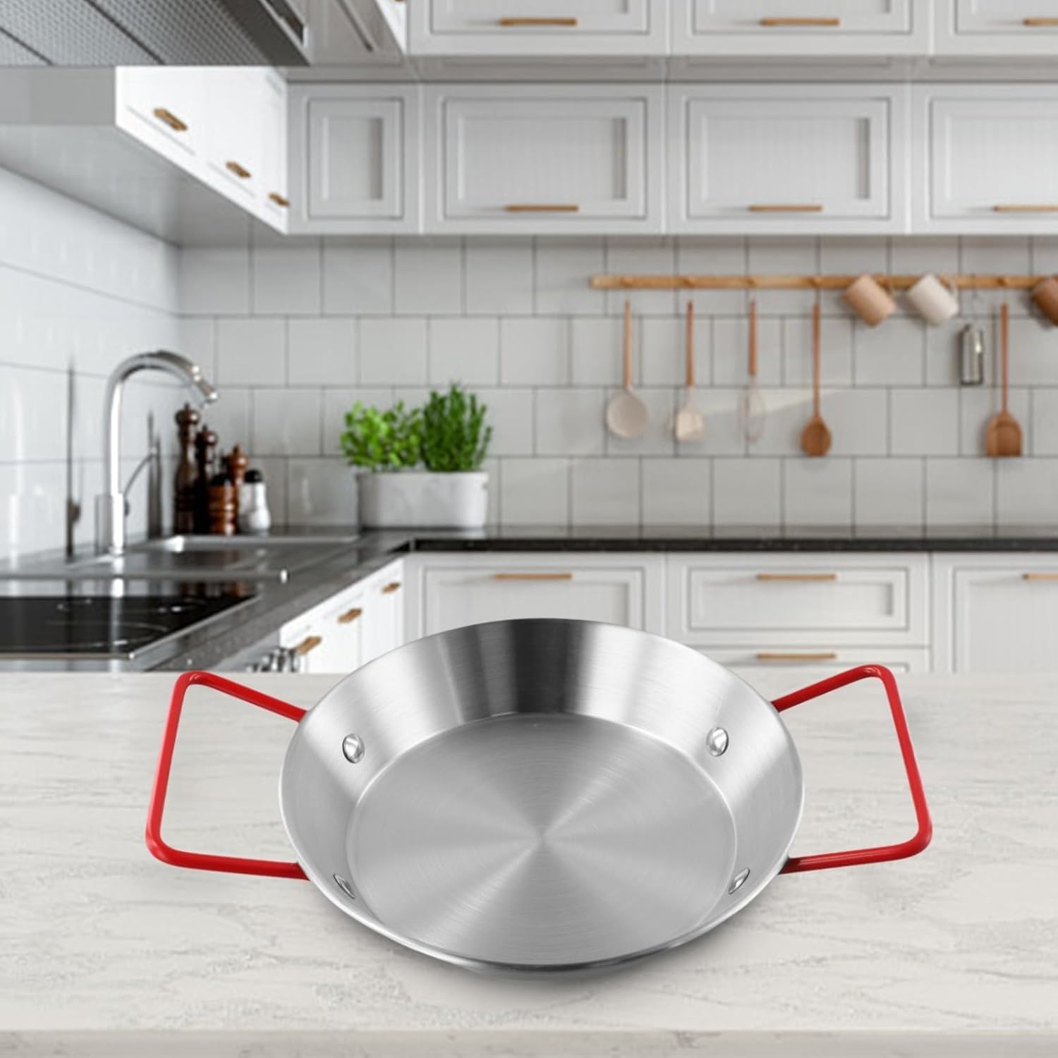 Paellera De Acero Inoxidable De 20 Cm - Plato Redondo para Servir Mariscos, Doble Asa, Fondo Plano, Wok Poco Profundo - Utensilio De Cocina Ideal para El Hogar Y Restaurantes