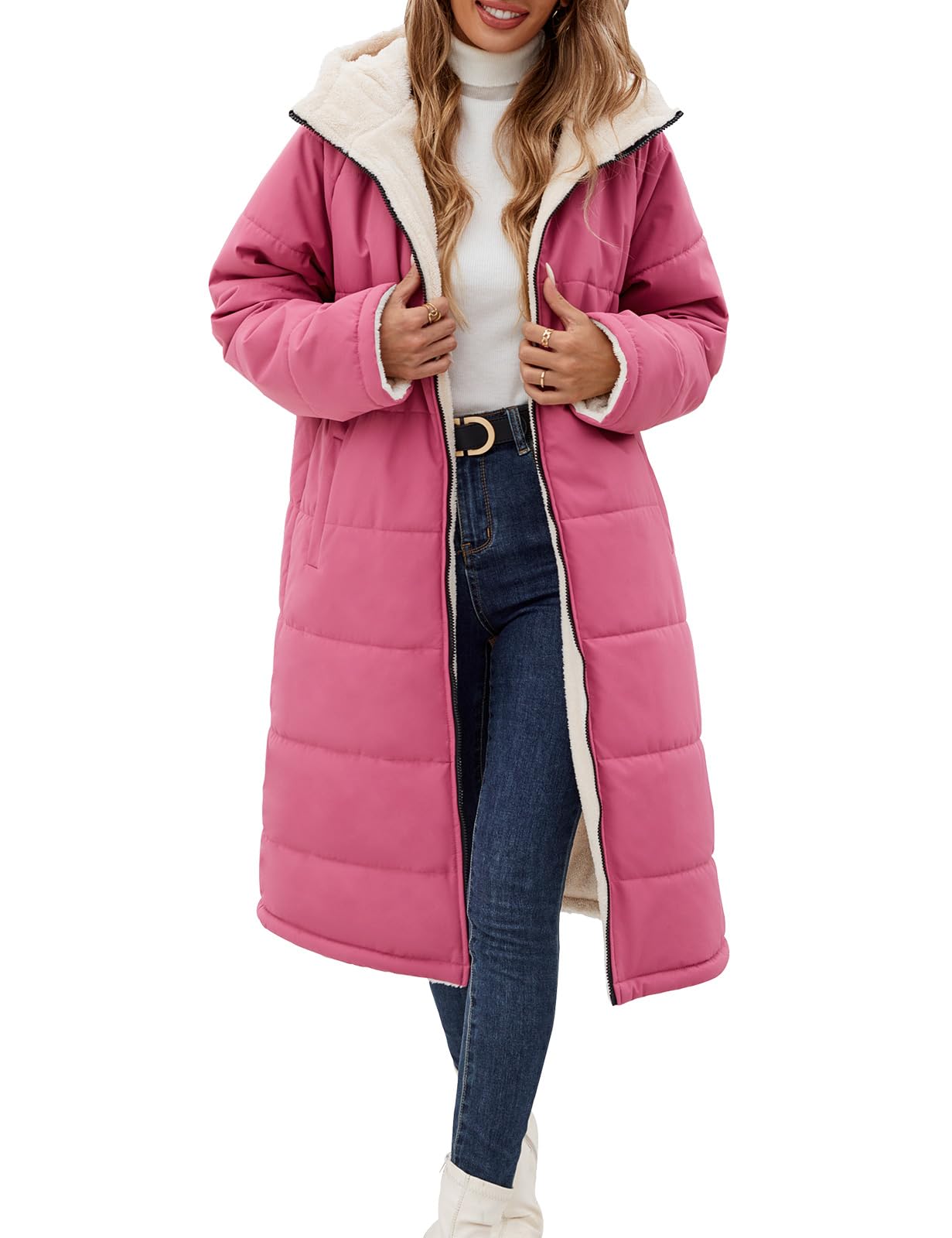Tuopuda Damen Wintermäntel Lang Winterjacke Warm Winter Fleece Gefüttert Sweatjacke Jacke Mantel Parka Jacket mit Kapuze Teddyfleece Steppjacke Übergangsjacke Winterparka Steppmantel