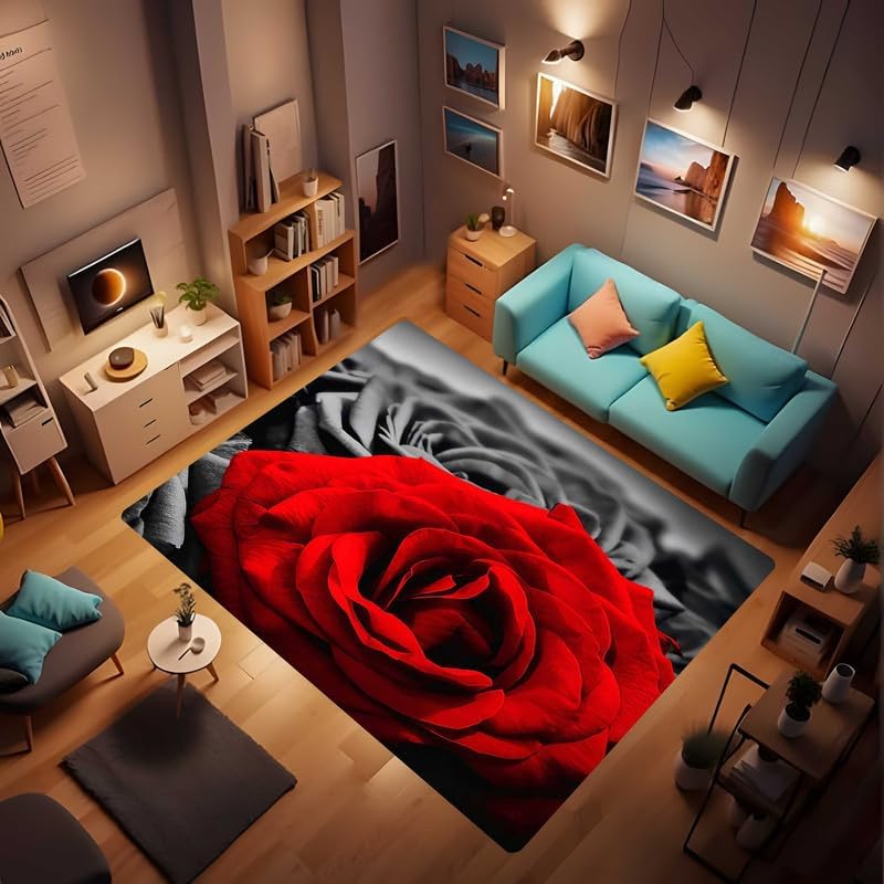 Large Farmhouse Rug for Decor,Romantic Rose Black and White red Painting Abstract Living Room Mat Bedroom Area Rugs Home Non-Slip Crystal Floor Polyester 40x60inch