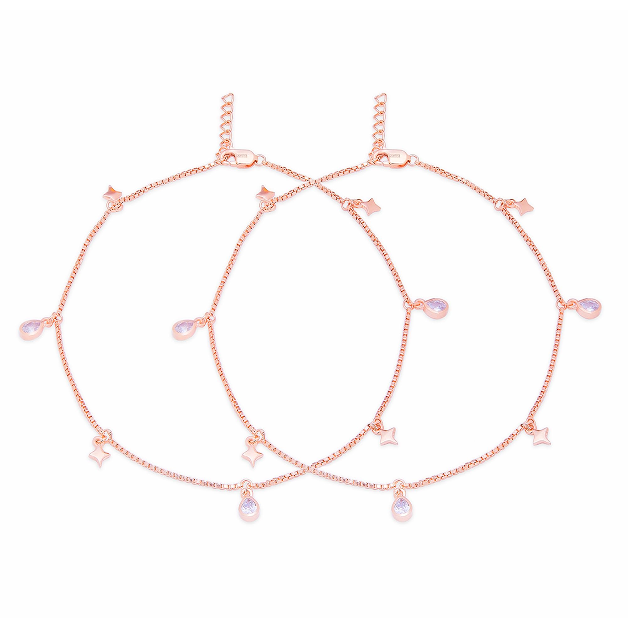 zavya 925 Sterling Silver Cubic Zirconia CZ Designer Star & Tear Drop Rose Gold Plating Anklet | Gift for Women & Girls |With Certificate of Authenticity & 925 Hallmark-picture-43