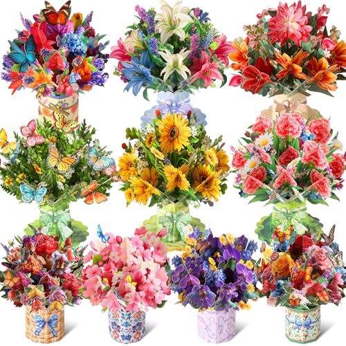 ROADPLUM 10 Pack 3D Pop Up Flower Bouquet Greeting Cards with Envelopes & Message Notes, Paper...
