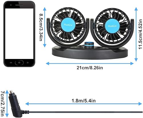 Miniatura 7 de HueLiv Ventilador de coche, ventilador eléctrico de 12 V con 360 grados ajustable, ventilador de encendedor de cigarrillos de doble cabeza,