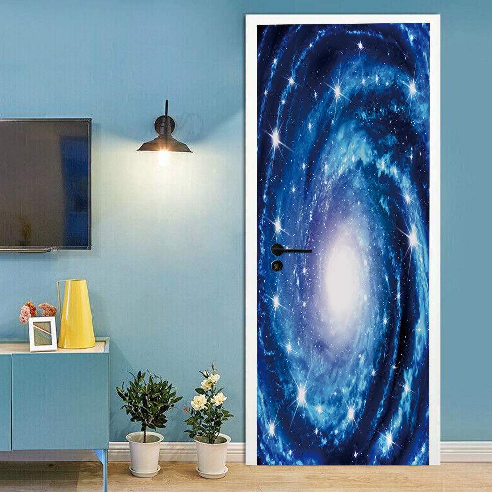Sticker de porte vortex étoilé bleu 88x200cm pour déco intérieure